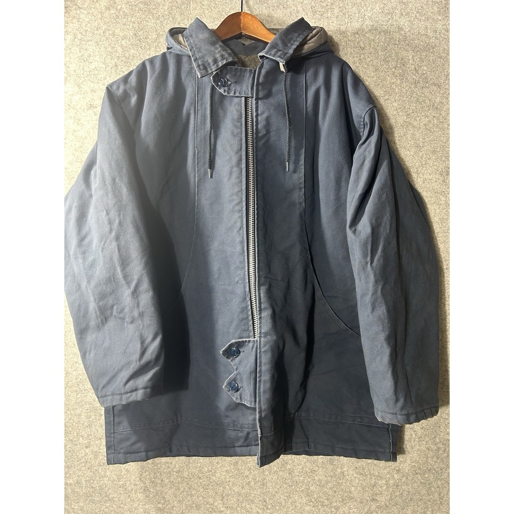 Vintage 80s 90s Heavy Duck Canvas Work Jacket XL Navy Pile Lined Detachable Hood